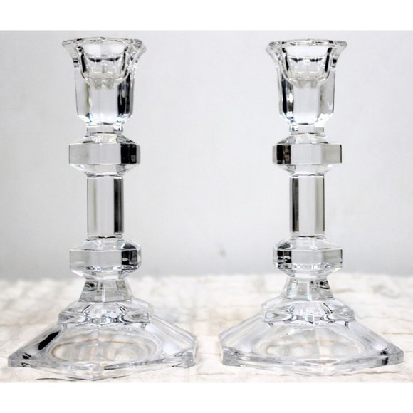 Oslo by Tuscany  6" Lead Crystal Taper Candlestick Pair Wedding Dinner Table - Picture 1 of 8